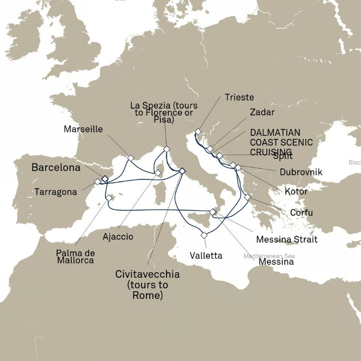 Carte de l’itinéraire Queen Elizabeth, Civitavecchia (excursions vers Rome), Italie → Barcelone, Espagne