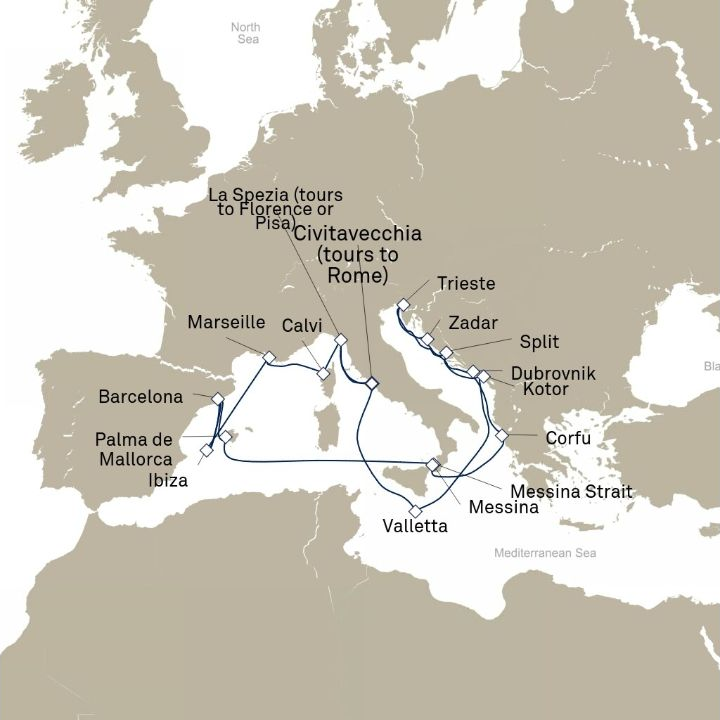 Carte de l’itinéraire Queen Elizabeth, Civitavecchia (excursions vers Rome), Italie → Civitavecchia (excursions vers Rome), Italie