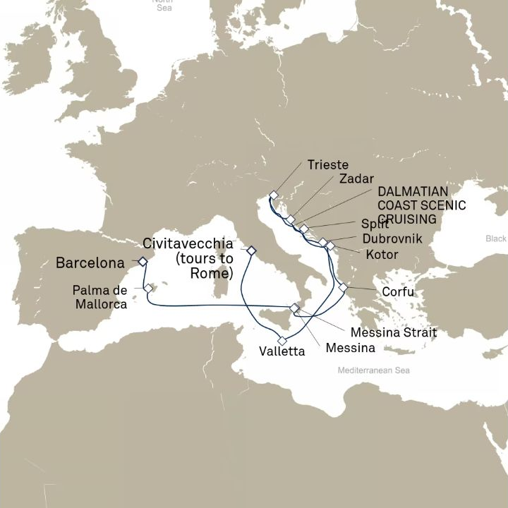 Carte de l’itinéraire Queen Elizabeth, Civitavecchia (excursions vers Rome), Italie → Barcelone, Espagne
