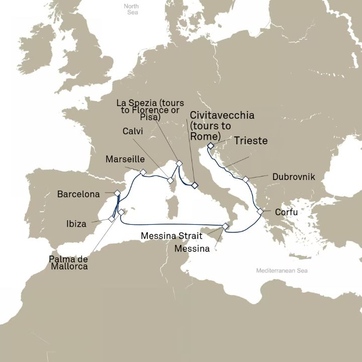 Carte de l’itinéraire Queen Elizabeth, Trieste, Italie → Civitavecchia (excursions vers Rome), Italie