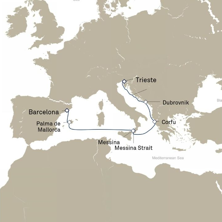 Carte de l’itinéraire Queen Elizabeth, Trieste, Italie → Barcelone, Espagne