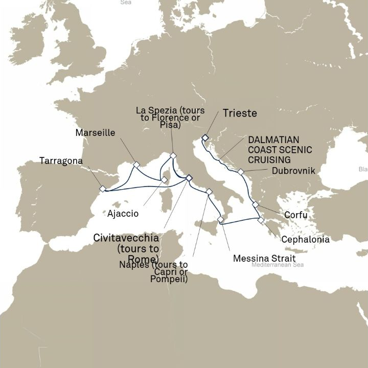 Carte de l’itinéraire Queen Elizabeth, Trieste, Italie → Civitavecchia (excursions vers Rome), Italie