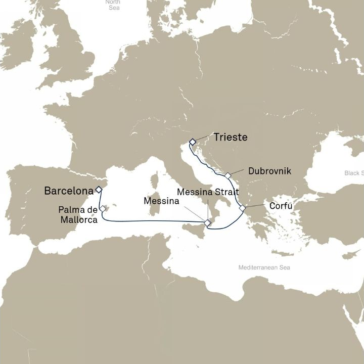 Carte de l’itinéraire Queen Elizabeth, Trieste, Italie → Barcelone, Espagne