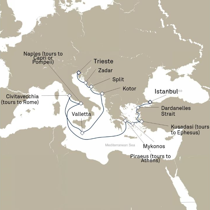 Carte de l’itinéraire Queen Elizabeth, Istanbul, Turquie → Trieste, Italie