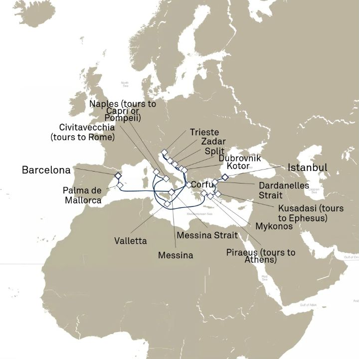 Carte de l’itinéraire Queen Elizabeth, Istanbul, Turquie → Barcelone, Espagne