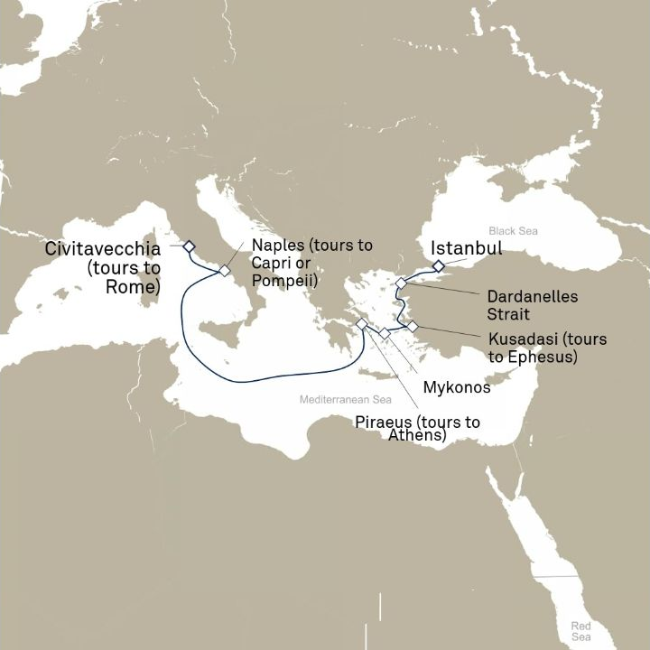 Carte de l’itinéraire Queen Elizabeth, Istanbul, Turquie → Civitavecchia (excursions vers Rome), Italie
