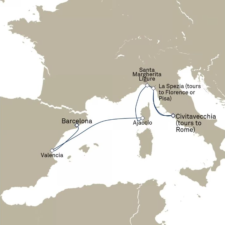Carte de l’itinéraire Queen Elizabeth, Barcelone, Espagne → Civitavecchia (excursions vers Rome), Italie