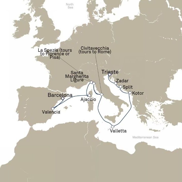 Carte de l’itinéraire Queen Elizabeth, Barcelone, Espagne → Trieste, Italie