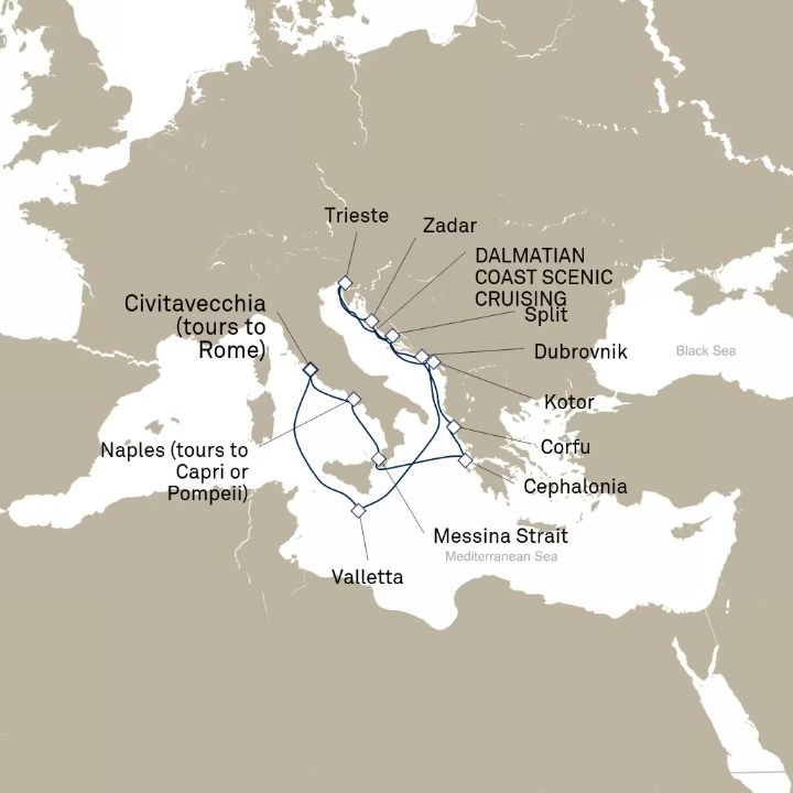 Carte de l’itinéraire Queen Elizabeth, Civitavecchia (excursions vers Rome), Italie → Civitavecchia (excursions vers Rome), Italie