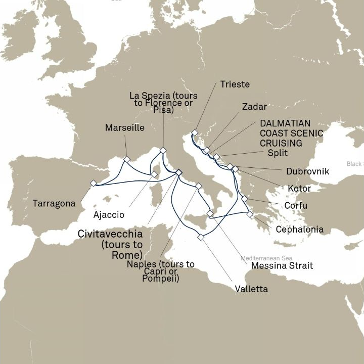 Carte de l’itinéraire Queen Elizabeth, Civitavecchia (excursions vers Rome), Italie → Civitavecchia (excursions vers Rome), Italie