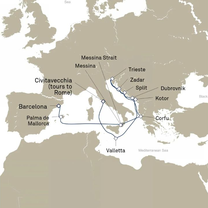 Carte de l’itinéraire Queen Elizabeth, Civitavecchia (excursions vers Rome), Italie → Barcelone, Espagne