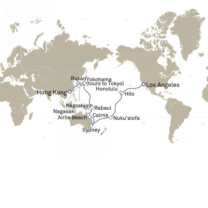 Carte de l’itinéraire Queen Elizabeth, Hong Kong, Chine → Los Angeles, CA, États-Unis
