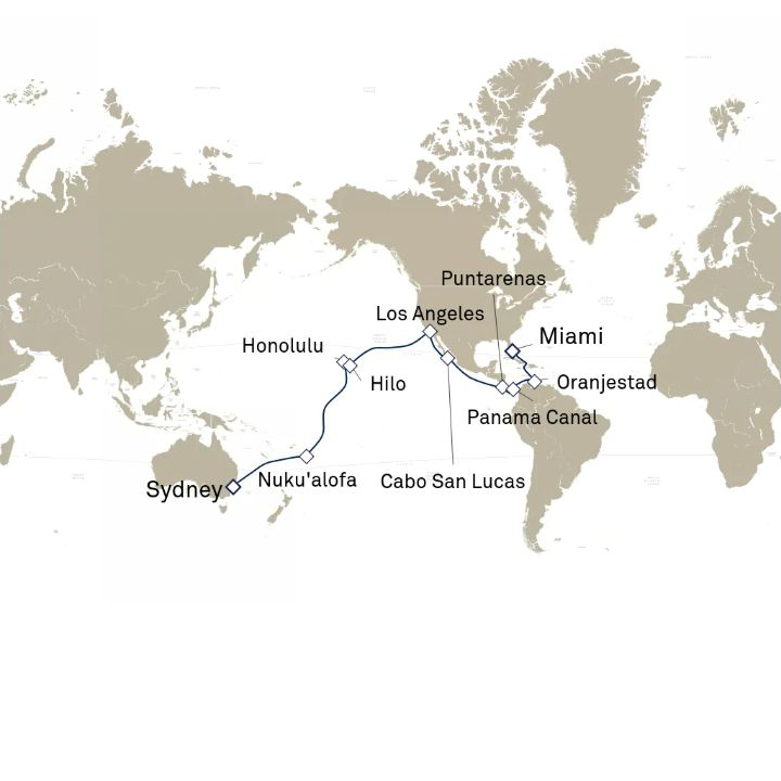 Carte de l’itinéraire Queen Elizabeth, Sydney, NSW, Australie → Miami, FL, États-Unis