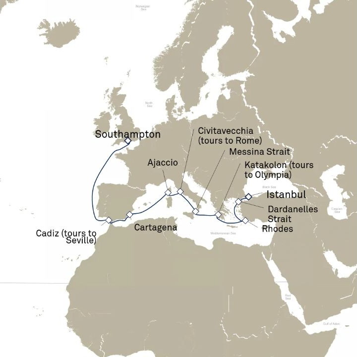 Carte de l’itinéraire Queen Elizabeth, Southampton, Angleterre, Royaume-Uni → Istanbul, Turquie