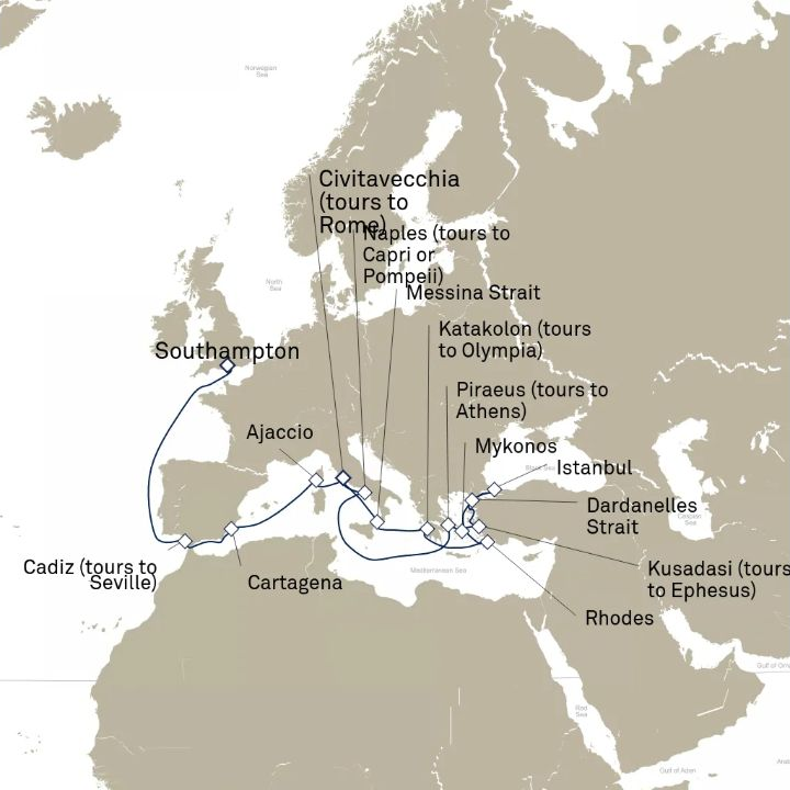 Carte de l’itinéraire Queen Elizabeth, Southampton, Angleterre, Royaume-Uni → Civitavecchia (excursions vers Rome), Italie