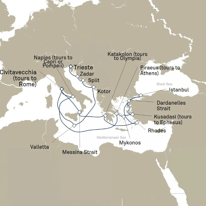 Carte de l’itinéraire Queen Elizabeth, Civitavecchia (excursions vers Rome), Italie → Trieste, Italie