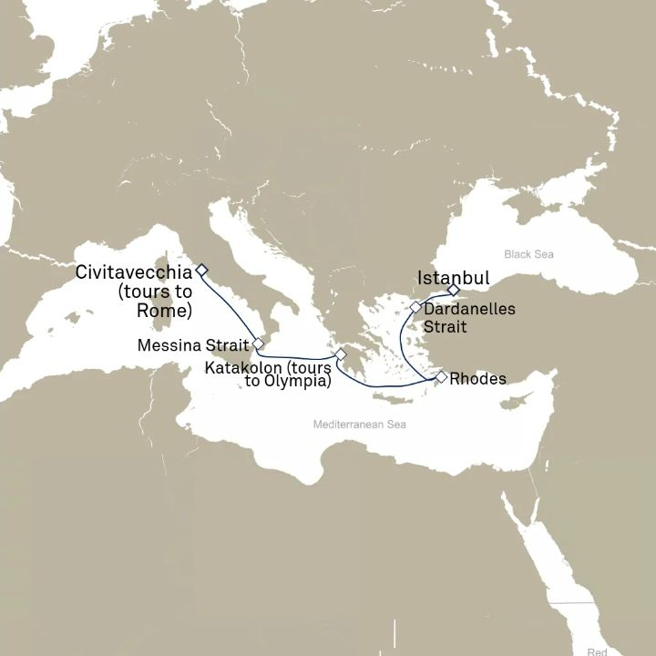 Carte de l’itinéraire Queen Elizabeth, Civitavecchia (excursions vers Rome), Italie → Istanbul, Turquie