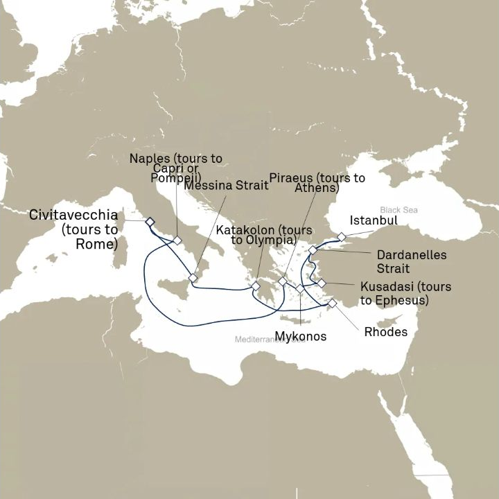 Carte de l’itinéraire Queen Elizabeth, Civitavecchia (excursions vers Rome), Italie → Civitavecchia (excursions vers Rome), Italie