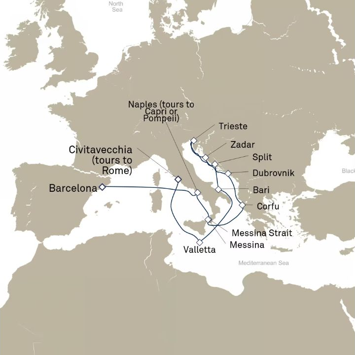 Carte de l’itinéraire Queen Elizabeth, Civitavecchia (excursions vers Rome), Italie → Barcelone, Espagne