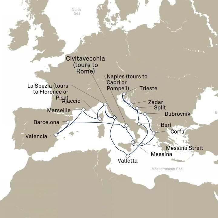 Carte de l’itinéraire Queen Elizabeth, Civitavecchia (excursions vers Rome), Italie → Civitavecchia (excursions vers Rome), Italie
