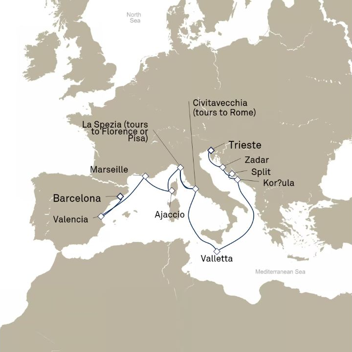 Carte de l’itinéraire Queen Elizabeth, Barcelone, Espagne → Trieste, Italie
