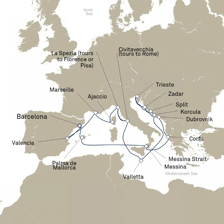 Carte de l’itinéraire Queen Elizabeth, Barcelone, Espagne → Barcelone, Espagne