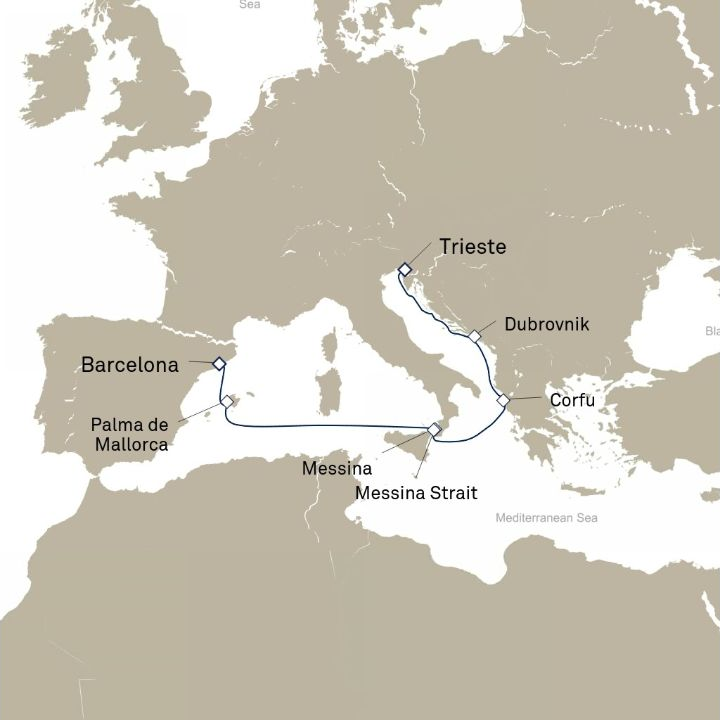 Carte de l’itinéraire Queen Elizabeth, Trieste, Italie → Barcelone, Espagne