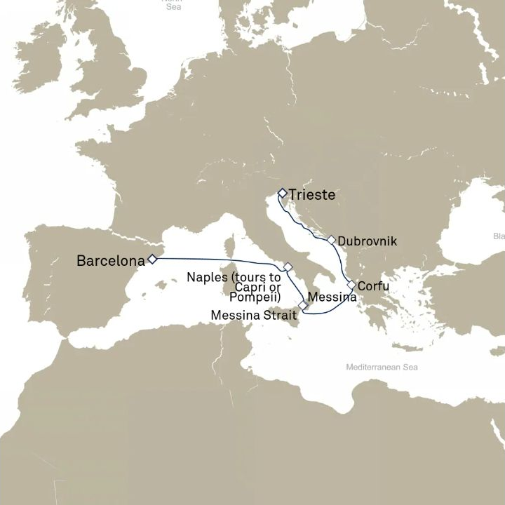 Carte de l’itinéraire Queen Elizabeth, Trieste, Italie → Barcelone, Espagne