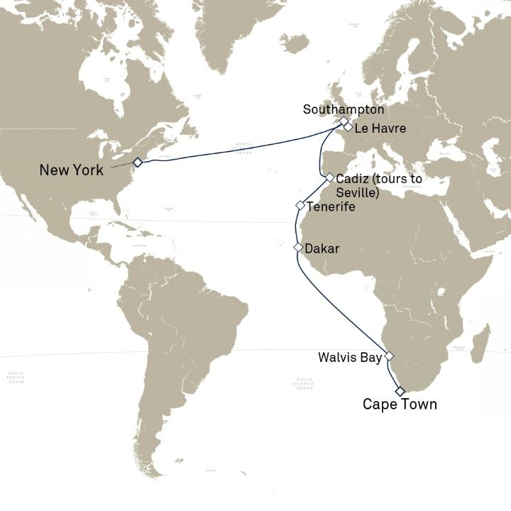 Carte de l’itinéraire Queen Mary 2, Le Cap, Afrique du Sud → New York, NY, États-Unis
