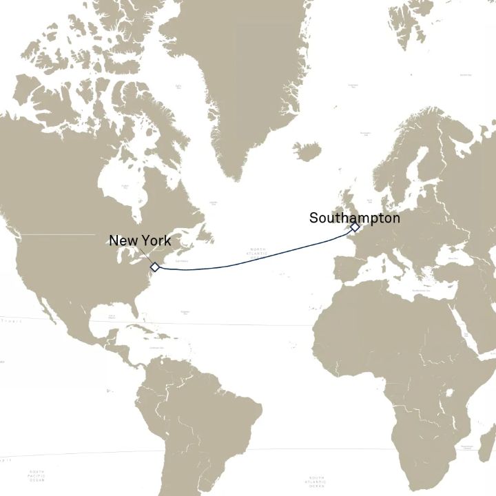 Carte de l’itinéraire Queen Mary 2, Southampton, Angleterre, Royaume-Uni → New York, NY, États-Unis