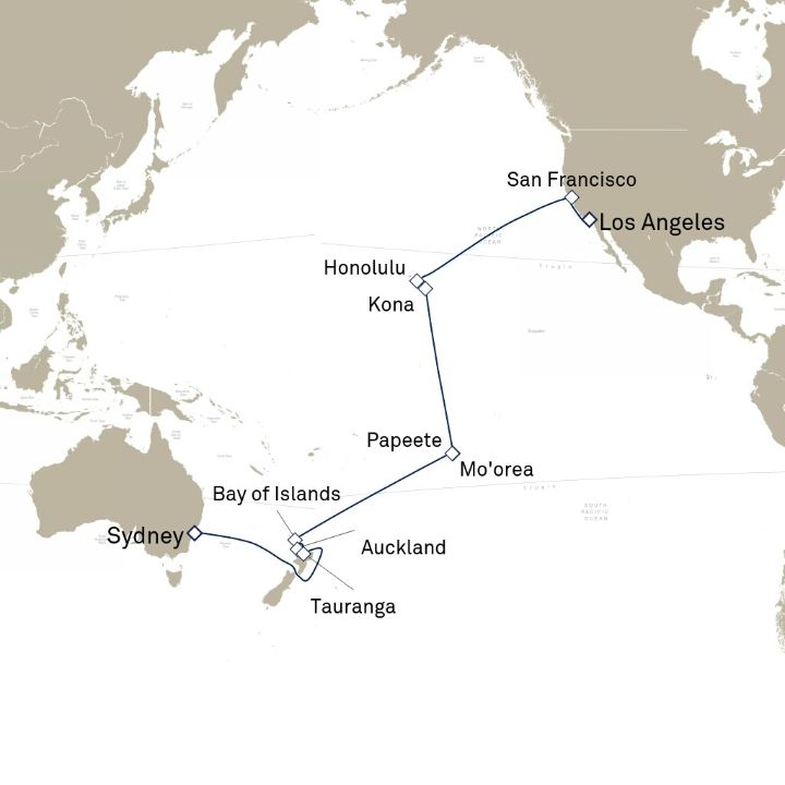Carte de l’itinéraire Queen Mary 2, Los Angeles, CA, États-Unis → Sydney, NSW, Australie