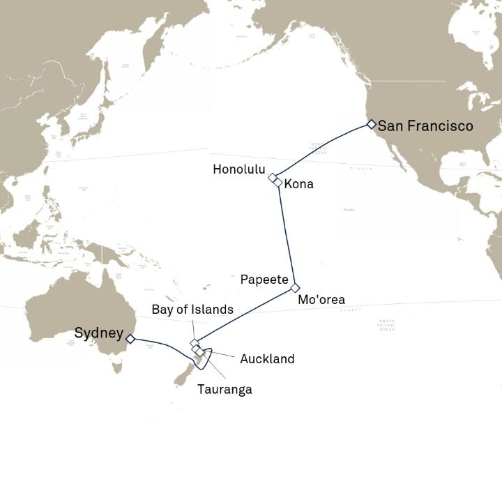 Carte de l’itinéraire Queen Mary 2, San Francisco, CA, États-Unis → Sydney, NSW, Australie