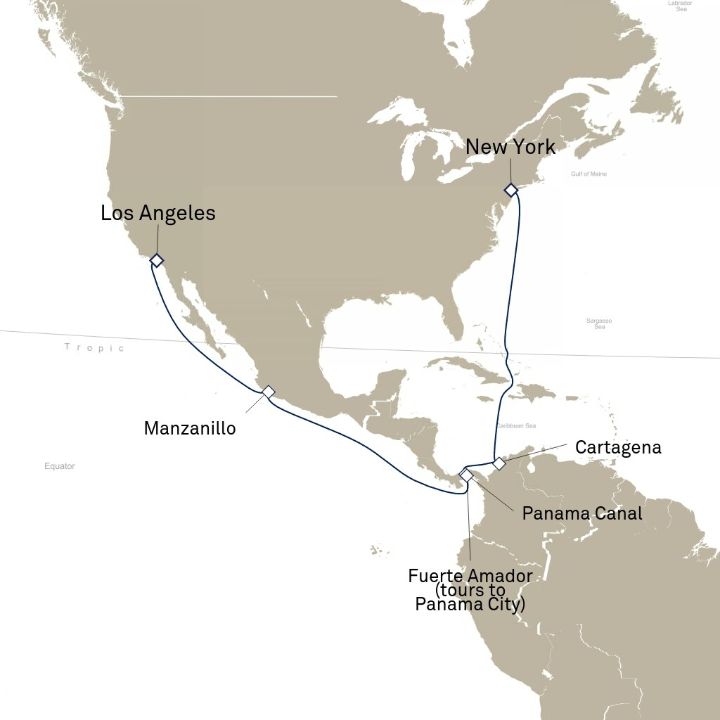 Carte de l’itinéraire Queen Mary 2, New York, NY, États-Unis → Los Angeles, CA, États-Unis