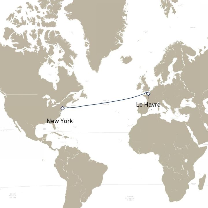 Carte de l’itinéraire Queen Mary 2, Le Havre, France → New York, NY, États-Unis