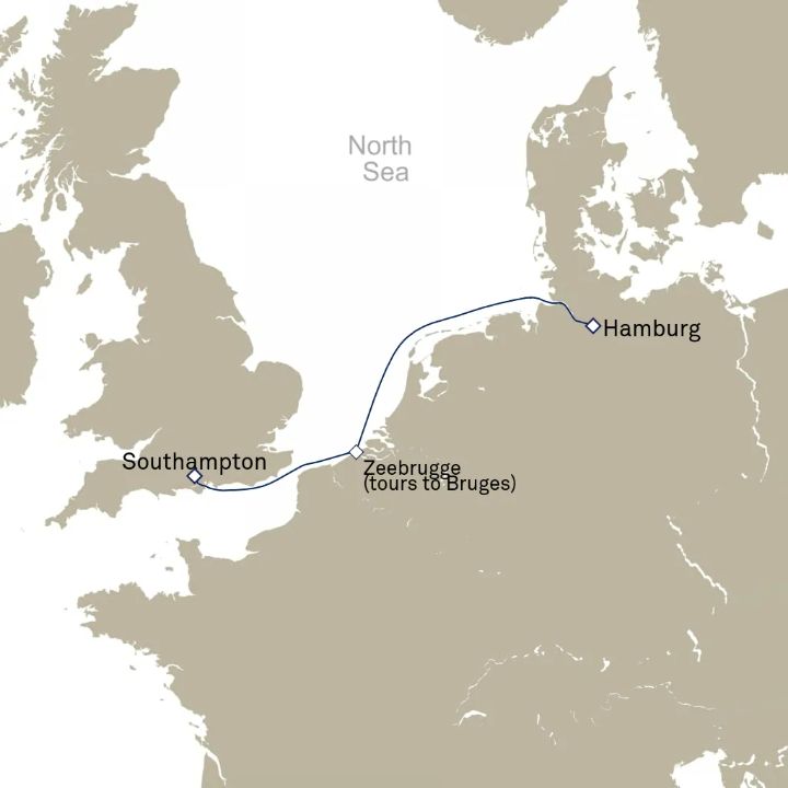 Carte de l’itinéraire Queen Mary 2, Hamburg, Allemagne → Southampton, Angleterre, Royaume-Uni