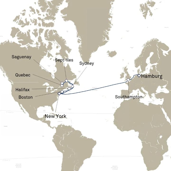 Carte de l’itinéraire Queen Mary 2, New York, NY, États-Unis → Hamburg, Allemagne
