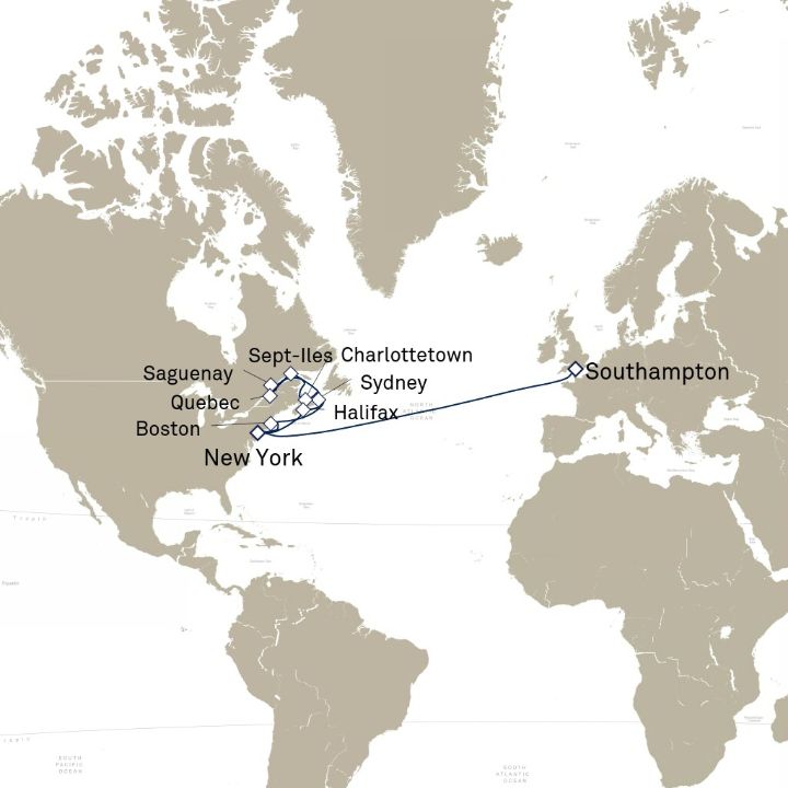 Carte de l’itinéraire Queen Mary 2, New York, NY, États-Unis → Southampton, Angleterre, Royaume-Uni