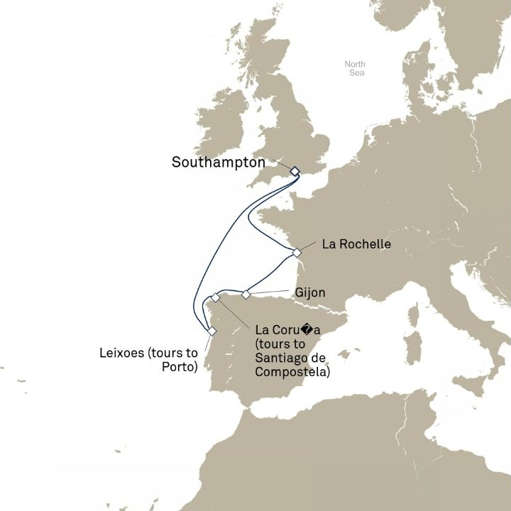 Carte de l’itinéraire Queen Victoria, Southampton, Angleterre, Royaume-Uni → Southampton, Angleterre, Royaume-Uni