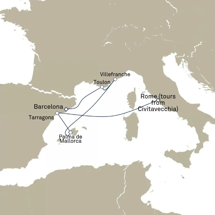 Carte de l’itinéraire Queen Victoria, Civitavecchia (excursions vers Rome), Italie → Barcelone, Espagne