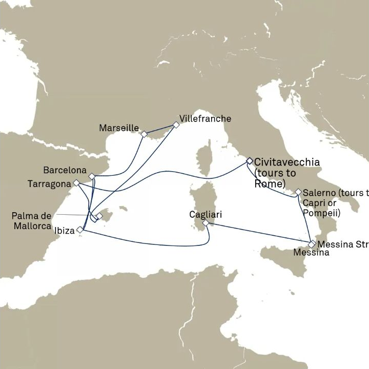 Carte de l’itinéraire Queen Victoria, Civitavecchia (excursions vers Rome), Italie → Civitavecchia (excursions vers Rome), Italie