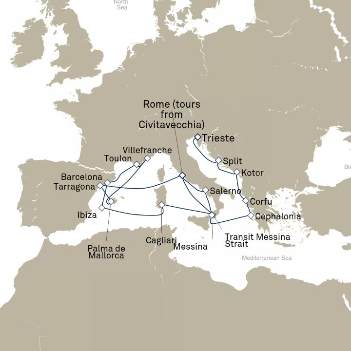 Carte de l’itinéraire Queen Victoria, Civitavecchia (excursions vers Rome), Italie → Trieste, Italie