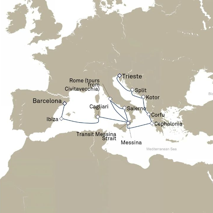 Carte de l’itinéraire Queen Victoria, Barcelone, Espagne → Trieste, Italie