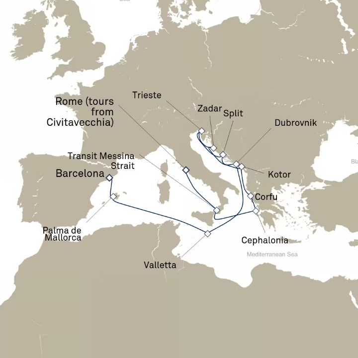 Carte de l’itinéraire Queen Victoria, Civitavecchia (excursions vers Rome), Italie → Barcelone, Espagne