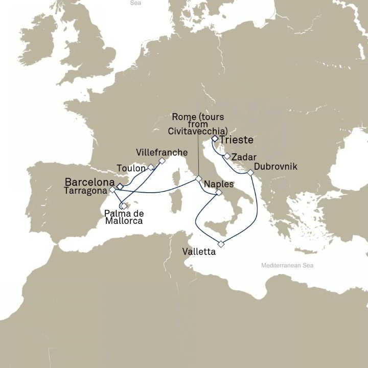 Carte de l’itinéraire Queen Victoria, Trieste, Italie → Barcelone, Espagne