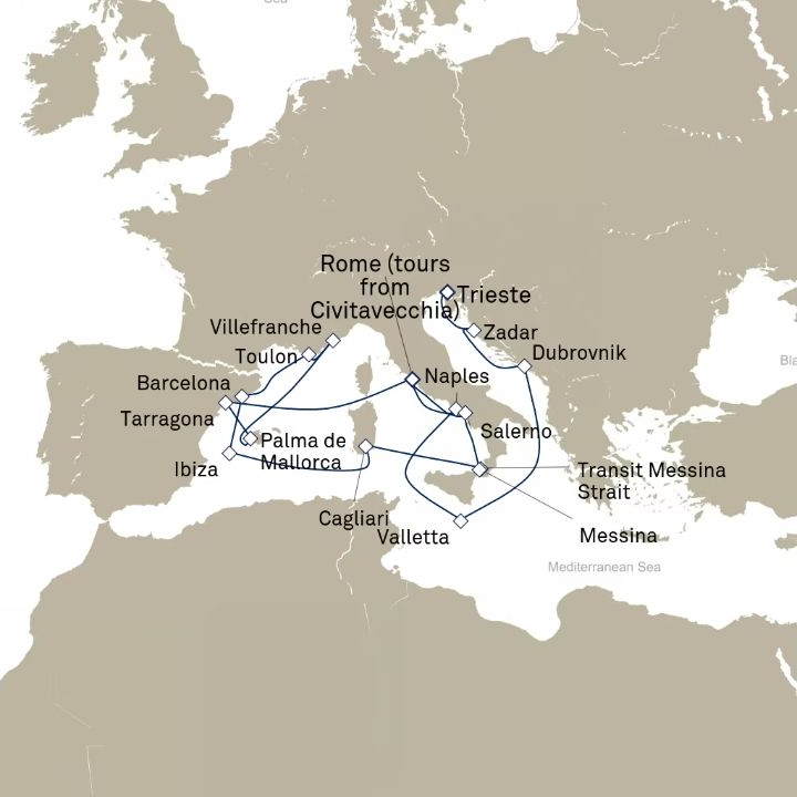 Carte de l’itinéraire Queen Victoria, Trieste, Italie → Civitavecchia (excursions vers Rome), Italie