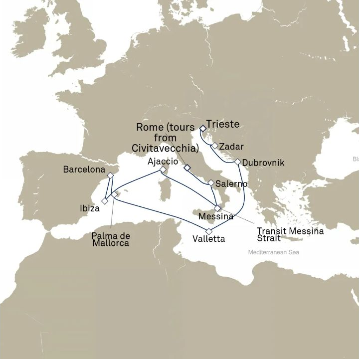 Carte de l’itinéraire Queen Victoria, Trieste, Italie → Civitavecchia (excursions vers Rome), Italie