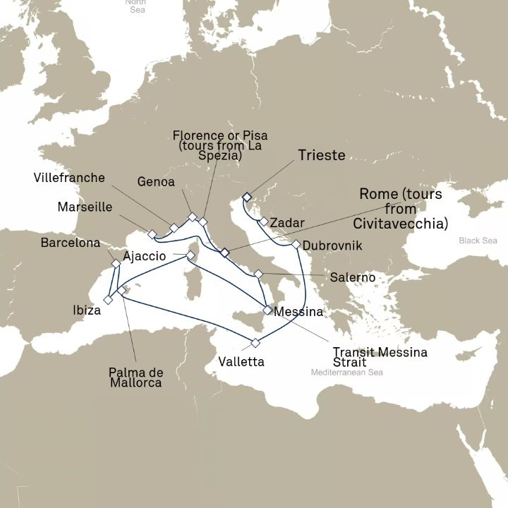 Carte de l’itinéraire Queen Victoria, Trieste, Italie → Civitavecchia (excursions vers Rome), Italie