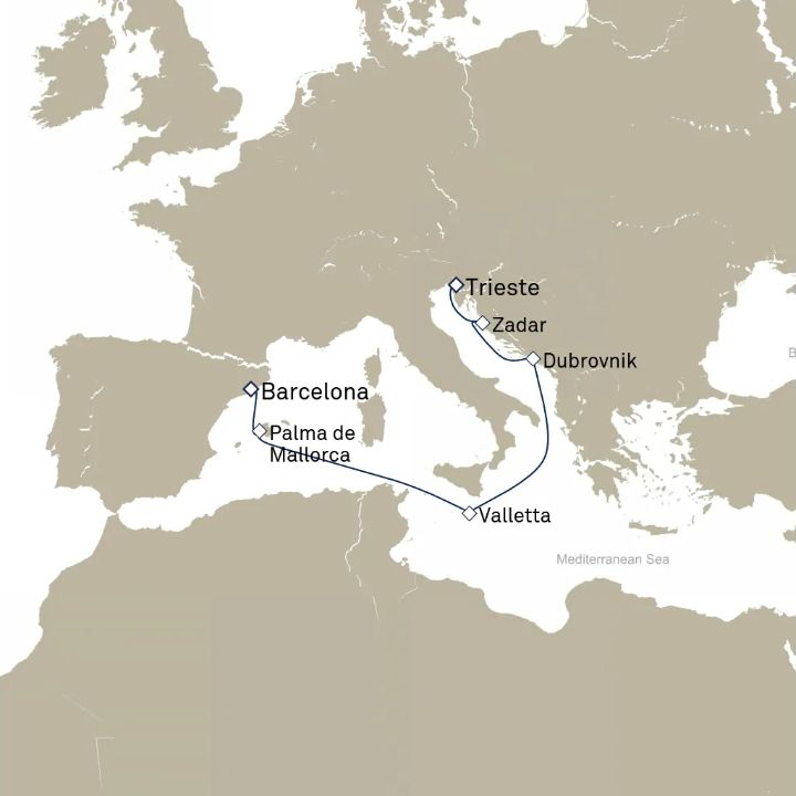 Carte de l’itinéraire Queen Victoria, Trieste, Italie → Barcelone, Espagne