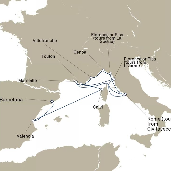 Carte de l’itinéraire Queen Victoria, Civitavecchia (excursions vers Rome), Italie → Barcelone, Espagne