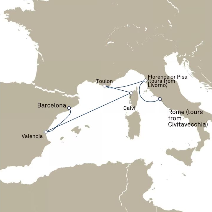 Carte de l’itinéraire Queen Victoria, Civitavecchia (excursions vers Rome), Italie → Barcelone, Espagne